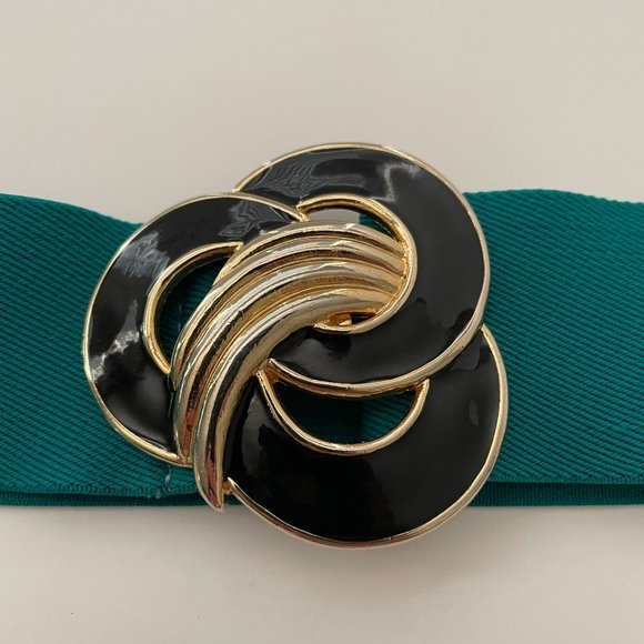 Vintage Day Lor Belt Green Elastic Stretch Gold Black Buckle Adjustable 1980s - Picture 3 of 15